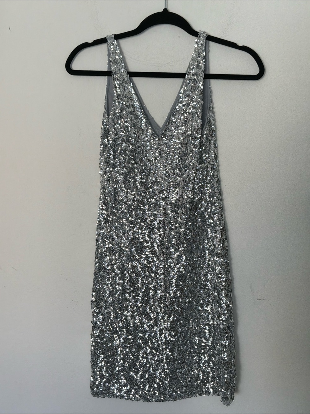 Silver Sequin Sleeveless Mini Party Dress | V-Neck Sparkly Cocktail Dress Medium